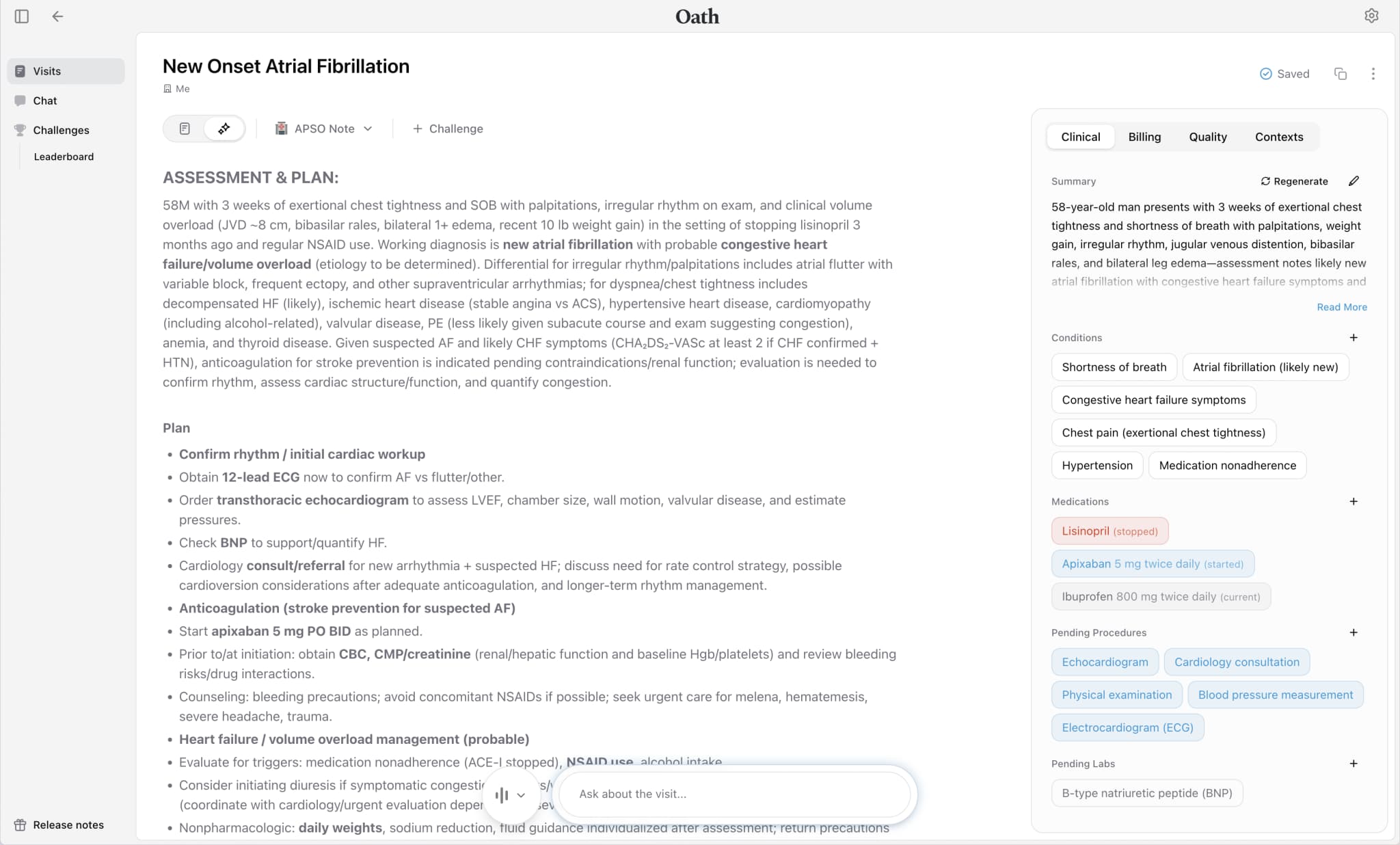 Oath Notes — APSO note for new onset atrial fibrillation, with summary, conditions, medications, and pending labs panel